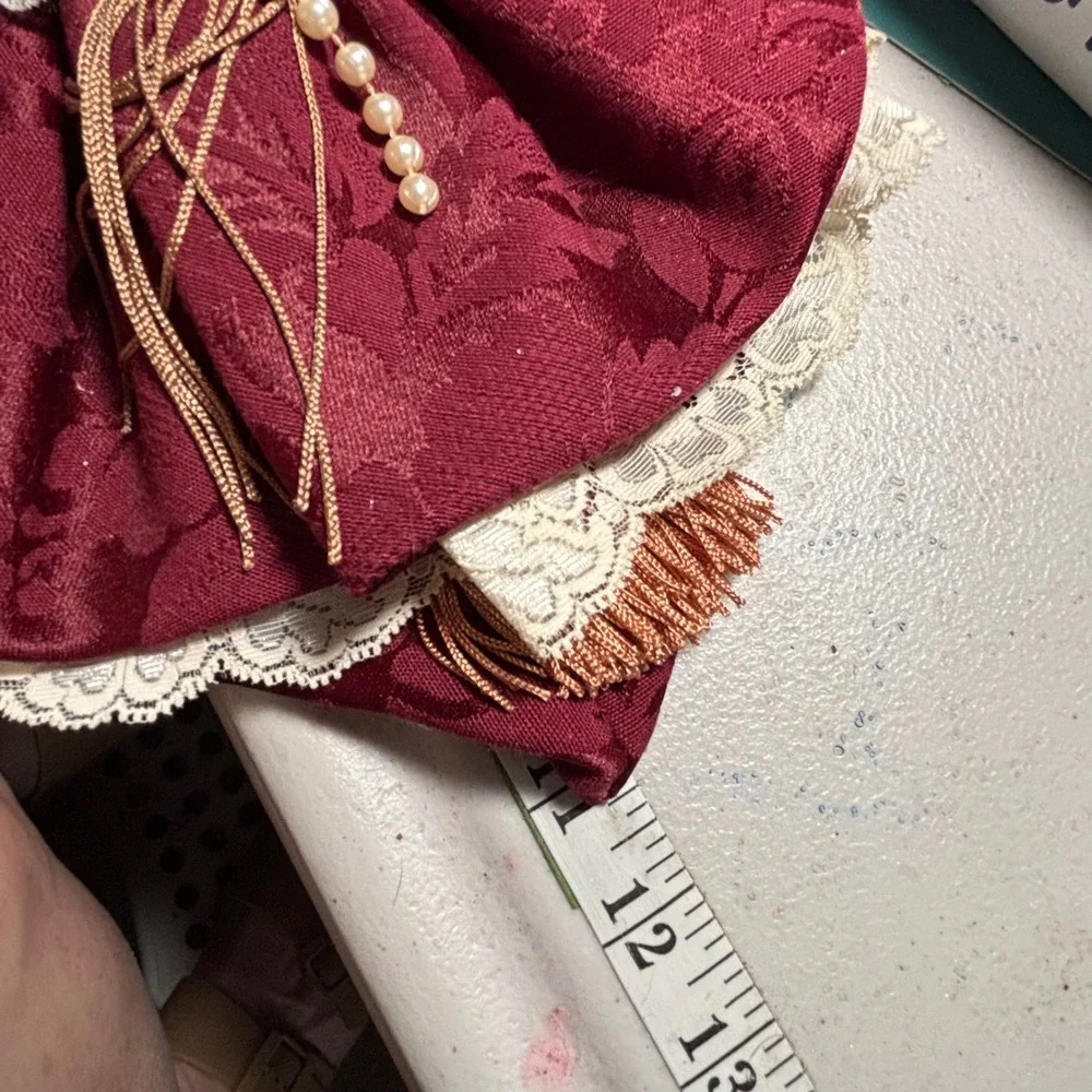 Burgundy Damask Lace Feather Victorian Tassel Doll 11in